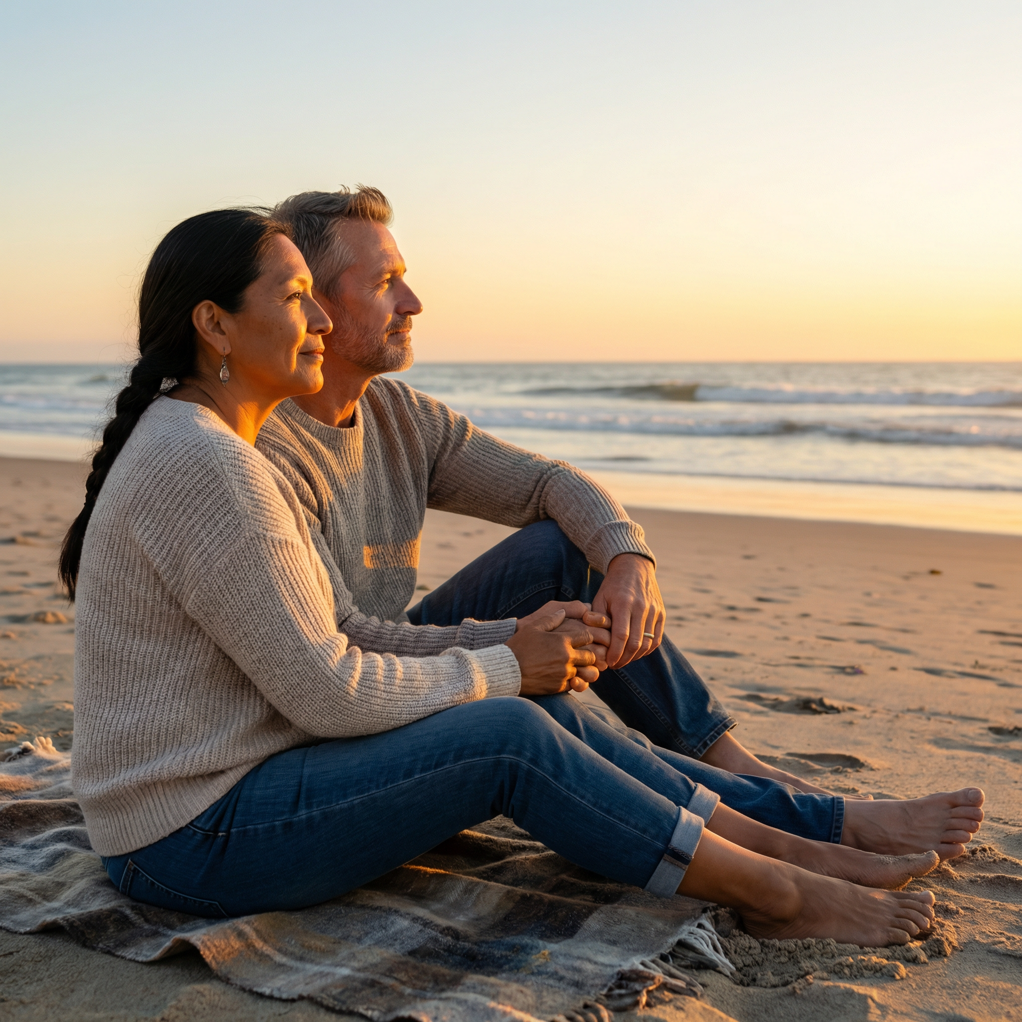 Couple walking hand in hand along a beach at sunset