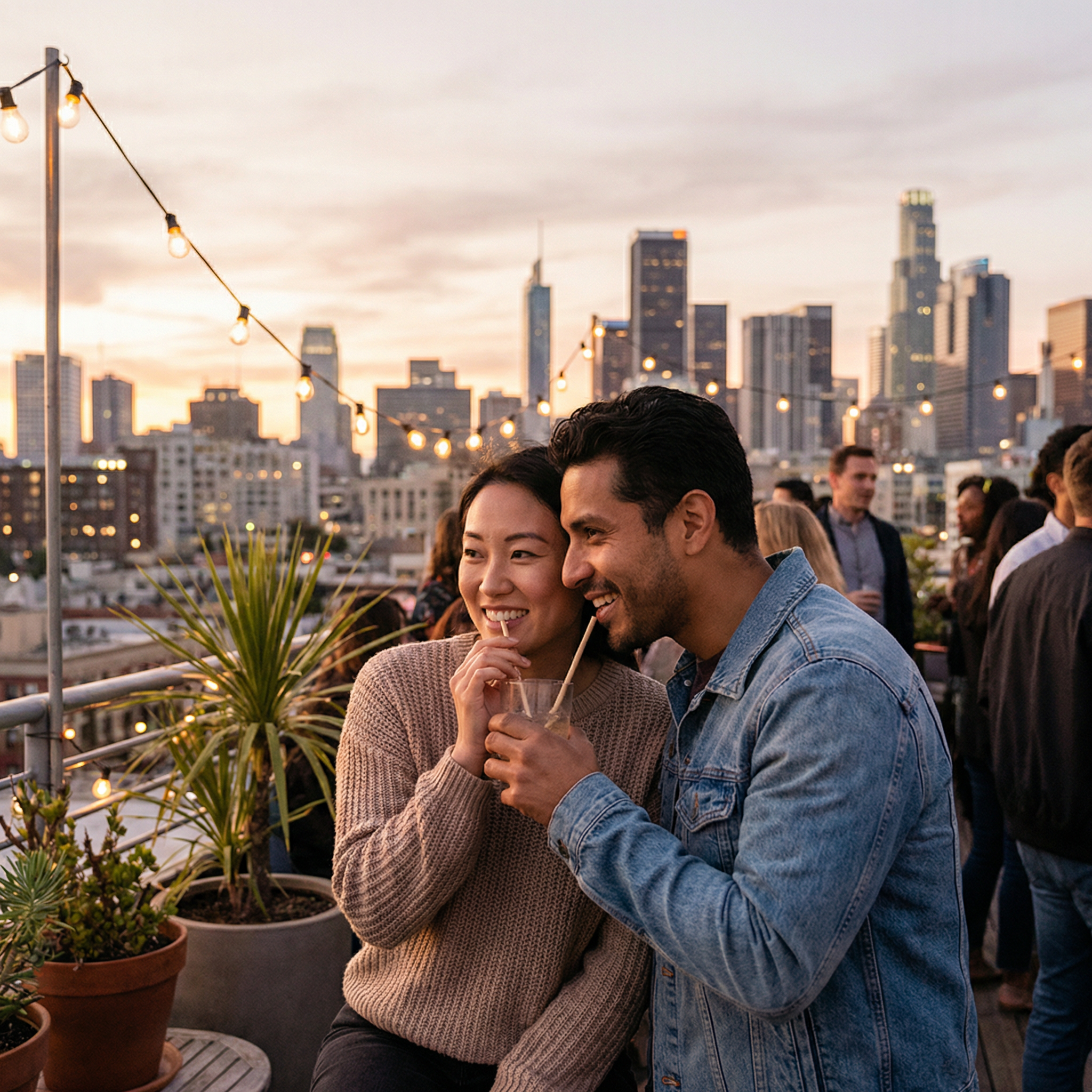 Couple sharing a drink at a rooftop bar with a city skyline behind them
